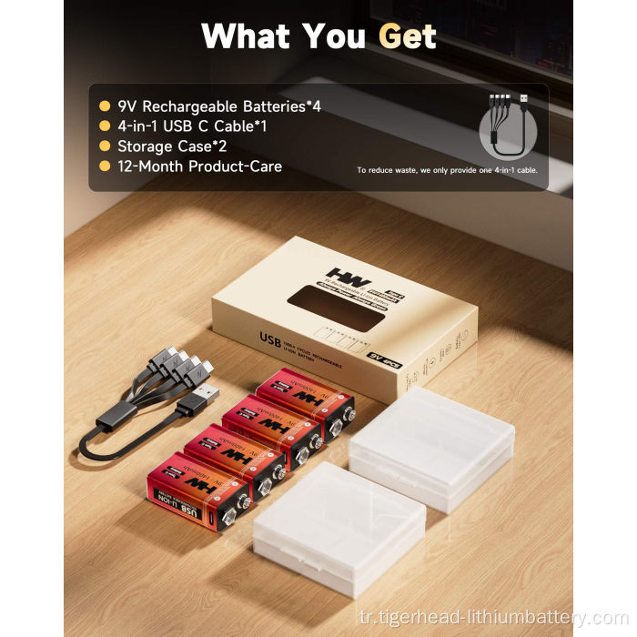 4P 9V 5180mWh USB-C Şarj Edilebilir Lityum Pil